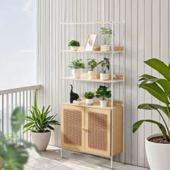 VEVOR Rattan Bookshelf, Ladder Shelf with 2 Doors, Rectangle Freestanding Open Storage Bookcase Rack Organizer, Storage Display Shelves Ideal for Library, Meeting Room, Office, Study, Natural