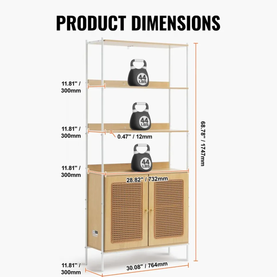 VEVOR Rattan Bookshelf, Ladder Shelf with 2 Doors, Rectangle Freestanding Open Storage Bookcase Rack Organizer, Storage Display Shelves Ideal for Library, Meeting Room, Office, Study, Natural