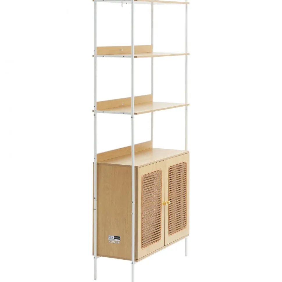 VEVOR Rattan Bookshelf, Ladder Shelf with 2 Doors, Rectangle Freestanding Open Storage Bookcase Rack Organizer, Storage Display Shelves Ideal for Library, Meeting Room, Office, Study, Natural