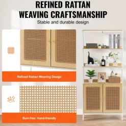 VEVOR Rattan Bookshelf, Ladder Shelf with 2 Doors, Rectangle Freestanding Open Storage Bookcase Rack Organizer, Storage Display Shelves Ideal for Library, Meeting Room, Office, Study, Natural