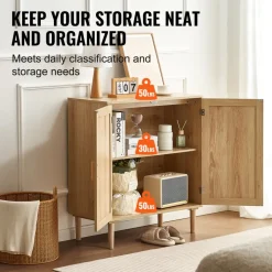 VEVOR Rattan Cabinet, Rattan Storage Cabinet with 2 Magnetic Doors and Adjustable Shelves, Sideboard Buffet Cabinet for Hallway, Entryway, Living Room, or Kitchen, Natural