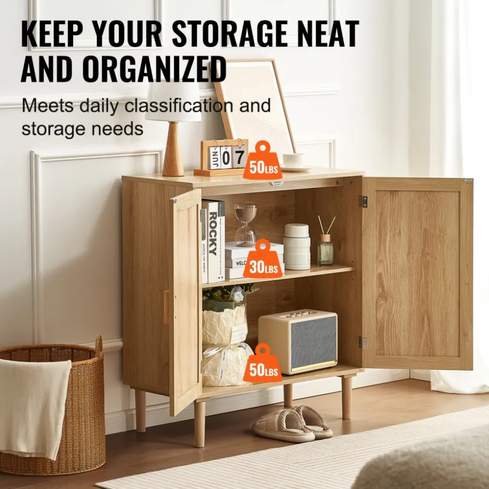 VEVOR Rattan Cabinet, Rattan Storage Cabinet with 2 Magnetic Doors and Adjustable Shelves, Sideboard Buffet Cabinet for Hallway, Entryway, Living Room, or Kitchen, Natural
