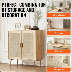 VEVOR Rattan Cabinet, Rattan Storage Cabinet with 2 Magnetic Doors and Adjustable Shelves, Sideboard Buffet Cabinet for Hallway, Entryway, Living Room, or Kitchen, Natural