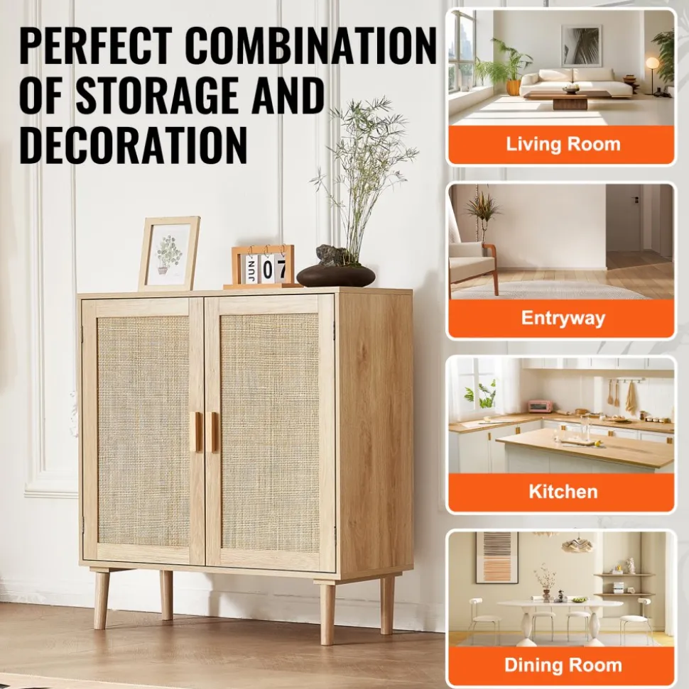 VEVOR Rattan Cabinet, Rattan Storage Cabinet with 2 Magnetic Doors and Adjustable Shelves, Sideboard Buffet Cabinet for Hallway, Entryway, Living Room, or Kitchen, Natural