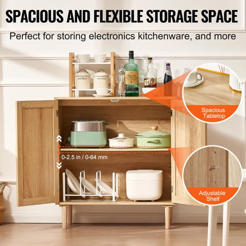 VEVOR Rattan Cabinet, Rattan Storage Cabinet with 2 Magnetic Doors and Adjustable Shelves, Sideboard Buffet Cabinet for Hallway, Entryway, Living Room, or Kitchen, Natural