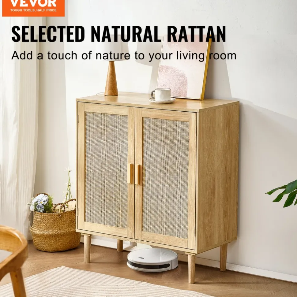 VEVOR Rattan Cabinet, Rattan Storage Cabinet with 2 Magnetic Doors and Adjustable Shelves, Sideboard Buffet Cabinet for Hallway, Entryway, Living Room, or Kitchen, Natural