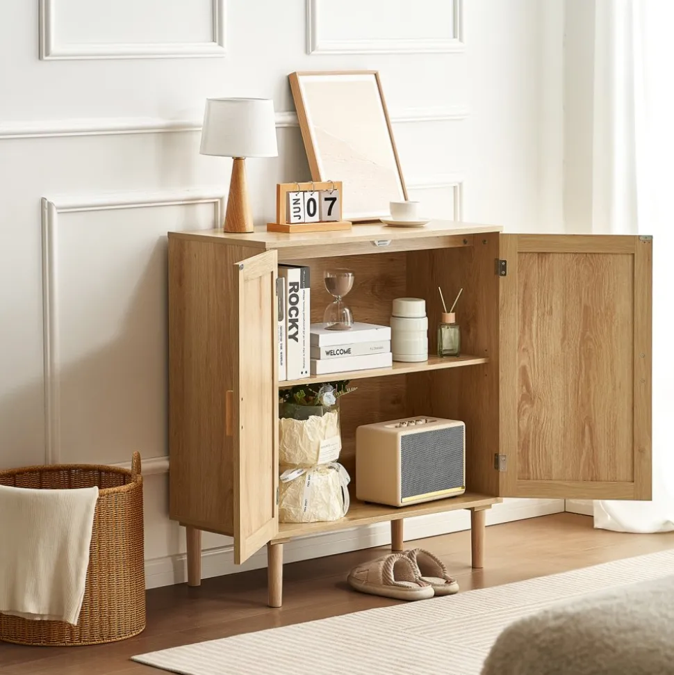 VEVOR Rattan Cabinet, Rattan Storage Cabinet with 2 Magnetic Doors and Adjustable Shelves, Sideboard Buffet Cabinet for Hallway, Entryway, Living Room, or Kitchen, Natural