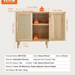 VEVOR Rattan Cabinet, Rattan Storage Cabinet with 2 Magnetic Doors and Adjustable Shelves, Sideboard Buffet Cabinet for Hallway, Entryway, Living Room, or Kitchen, Natural