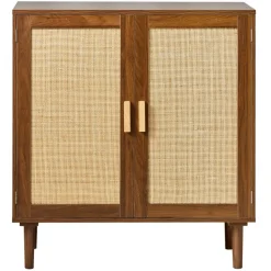 VEVOR Rattan Cabinet, Rattan Storage Cabinet with 2 Magnetic Doors and Adjustable Shelves, Accent Sideboard Buffet with Wooden Legs & Power Cord Hole for Hallway, Entryway, Living Room, Kitchen, Khaki
