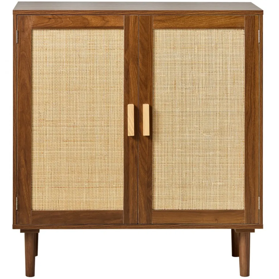 VEVOR Rattan Cabinet, Rattan Storage Cabinet with 2 Magnetic Doors and Adjustable Shelves, Accent Sideboard Buffet with Wooden Legs & Power Cord Hole for Hallway, Entryway, Living Room, Kitchen, Khaki