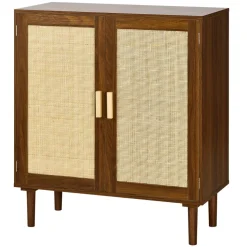 VEVOR Rattan Cabinet, Rattan Storage Cabinet with 2 Magnetic Doors and Adjustable Shelves, Accent Sideboard Buffet with Wooden Legs & Power Cord Hole for Hallway, Entryway, Living Room, Kitchen, Khaki