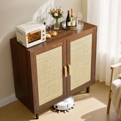 VEVOR Rattan Cabinet, Rattan Storage Cabinet with 2 Magnetic Doors and Adjustable Shelves, Accent Sideboard Buffet with Wooden Legs & Power Cord Hole for Hallway, Entryway, Living Room, Kitchen, Khaki