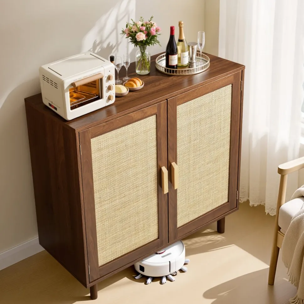 VEVOR Rattan Cabinet, Rattan Storage Cabinet with 2 Magnetic Doors and Adjustable Shelves, Accent Sideboard Buffet with Wooden Legs & Power Cord Hole for Hallway, Entryway, Living Room, Kitchen, Khaki
