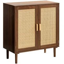 VEVOR Rattan Cabinet, Rattan Storage Cabinet with 2 Magnetic Doors and Adjustable Shelves, Accent Sideboard Buffet with Wooden Legs & Power Cord Hole for Hallway, Entryway, Living Room, Kitchen, Khaki