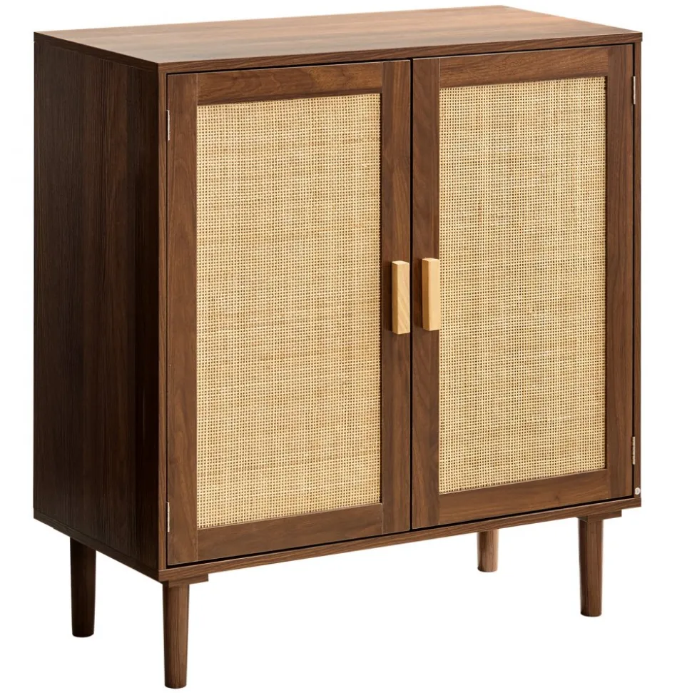 VEVOR Rattan Cabinet, Rattan Storage Cabinet with 2 Magnetic Doors and Adjustable Shelves, Accent Sideboard Buffet with Wooden Legs & Power Cord Hole for Hallway, Entryway, Living Room, Kitchen, Khaki