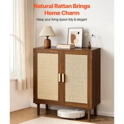 VEVOR Rattan Cabinet, Rattan Storage Cabinet with 2 Magnetic Doors and Adjustable Shelves, Accent Sideboard Buffet with Wooden Legs & Power Cord Hole for Hallway, Entryway, Living Room, Kitchen, Khaki