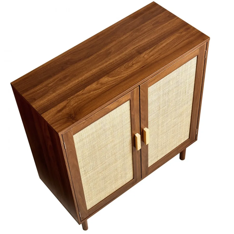 VEVOR Rattan Cabinet, Rattan Storage Cabinet with 2 Magnetic Doors and Adjustable Shelves, Accent Sideboard Buffet with Wooden Legs & Power Cord Hole for Hallway, Entryway, Living Room, Kitchen, Khaki