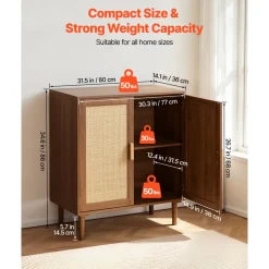 VEVOR Rattan Cabinet, Rattan Storage Cabinet with 2 Magnetic Doors and Adjustable Shelves, Accent Sideboard Buffet with Wooden Legs & Power Cord Hole for Hallway, Entryway, Living Room, Kitchen, Khaki