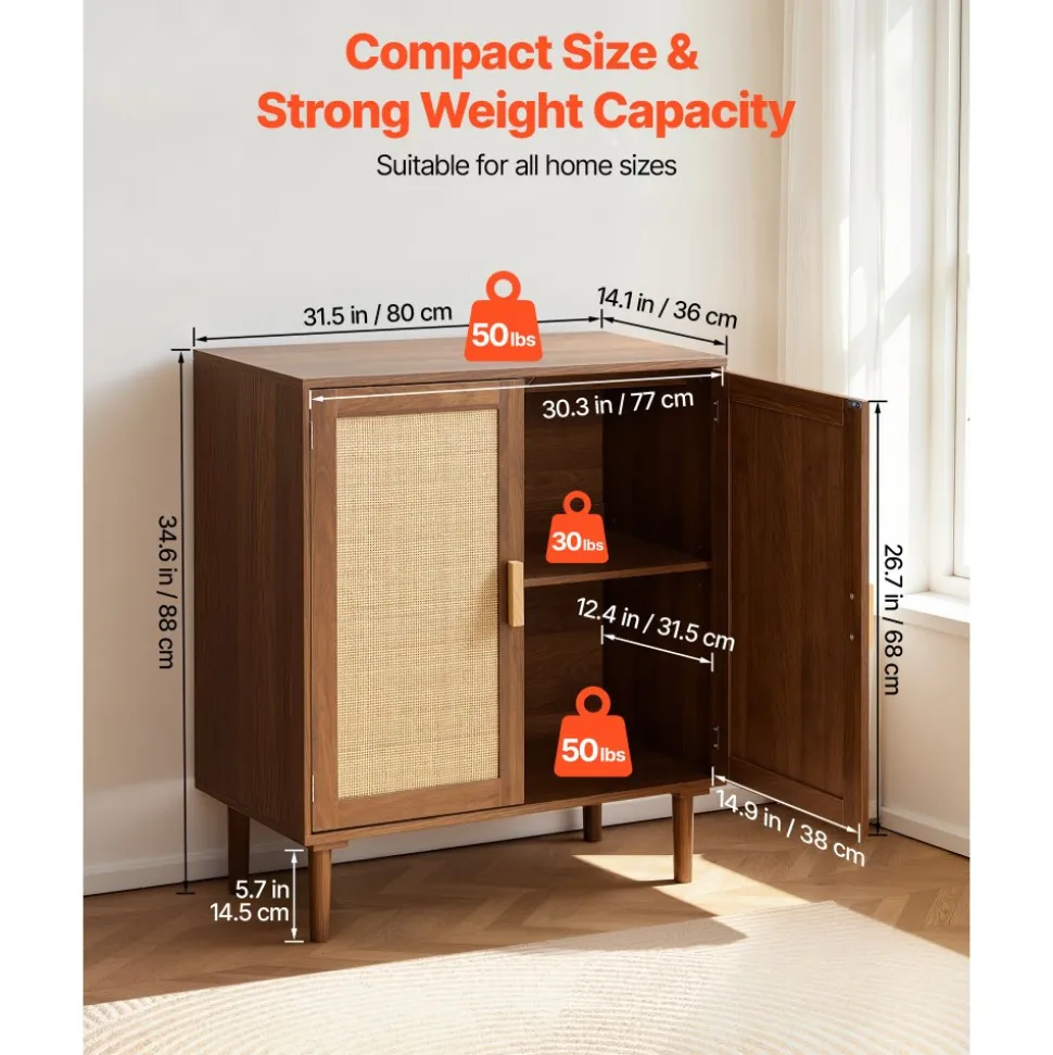VEVOR Rattan Cabinet, Rattan Storage Cabinet with 2 Magnetic Doors and Adjustable Shelves, Accent Sideboard Buffet with Wooden Legs & Power Cord Hole for Hallway, Entryway, Living Room, Kitchen, Khaki