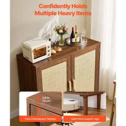 VEVOR Rattan Cabinet, Rattan Storage Cabinet with 2 Magnetic Doors and Adjustable Shelves, Accent Sideboard Buffet with Wooden Legs & Power Cord Hole for Hallway, Entryway, Living Room, Kitchen, Khaki