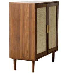 VEVOR Rattan Cabinet, Rattan Storage Cabinet with 2 Magnetic Doors and Adjustable Shelves, Accent Sideboard Buffet with Wooden Legs & Power Cord Hole for Hallway, Entryway, Living Room, Kitchen, Khaki