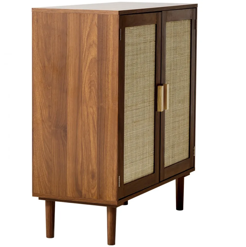 VEVOR Rattan Cabinet, Rattan Storage Cabinet with 2 Magnetic Doors and Adjustable Shelves, Accent Sideboard Buffet with Wooden Legs & Power Cord Hole for Hallway, Entryway, Living Room, Kitchen, Khaki