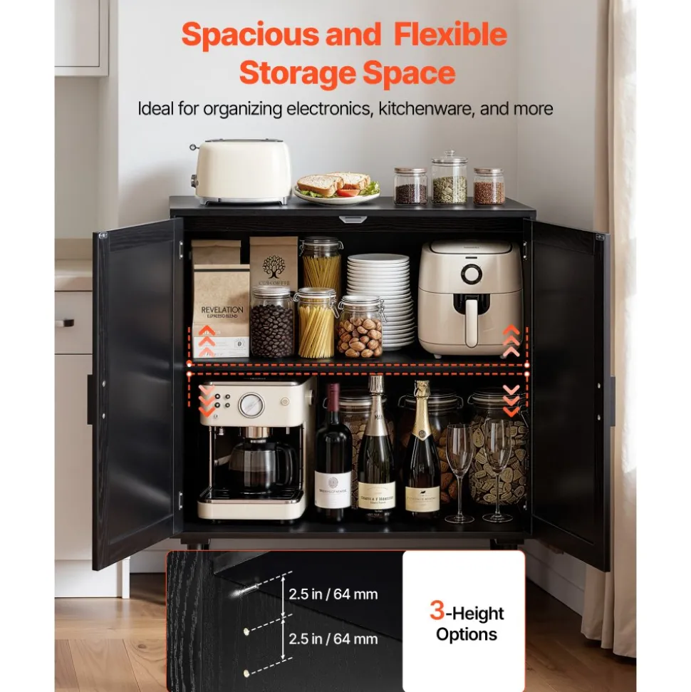 VEVOR Rattan Cabinet, Rattan Storage Cabinet with 2 Magnetic Doors and Adjustable Shelves, Accent Sideboard Buffet with Wooden Legs & Power Cord Hole for Hallway, Entryway, Living Room, Kitchen, Black