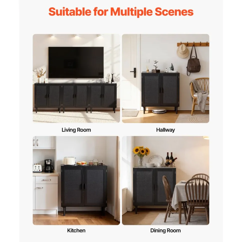 VEVOR Rattan Cabinet, Rattan Storage Cabinet with 2 Magnetic Doors and Adjustable Shelves, Accent Sideboard Buffet with Wooden Legs & Power Cord Hole for Hallway, Entryway, Living Room, Kitchen, Black