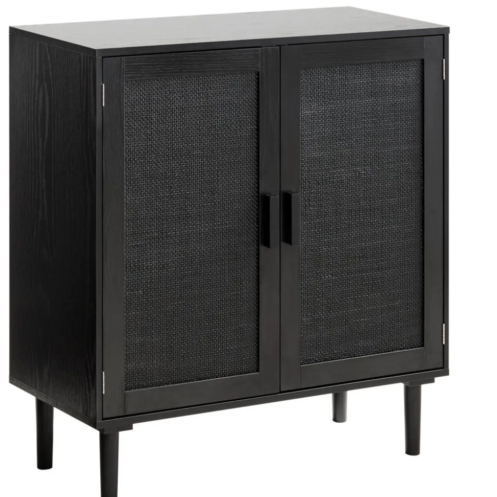 VEVOR Rattan Cabinet, Rattan Storage Cabinet with 2 Magnetic Doors and Adjustable Shelves, Accent Sideboard Buffet with Wooden Legs & Power Cord Hole for Hallway, Entryway, Living Room, Kitchen, Black