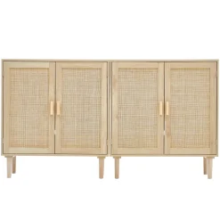 VEVOR Rattan Cabinet, Set of 2, Rattan Storage Cabinet with 4 Magnetic Doors and Adjustable Shelves, Sideboard Buffet Cabinet for Hallway, Entryway, Living Room, or Kitchen, Natural