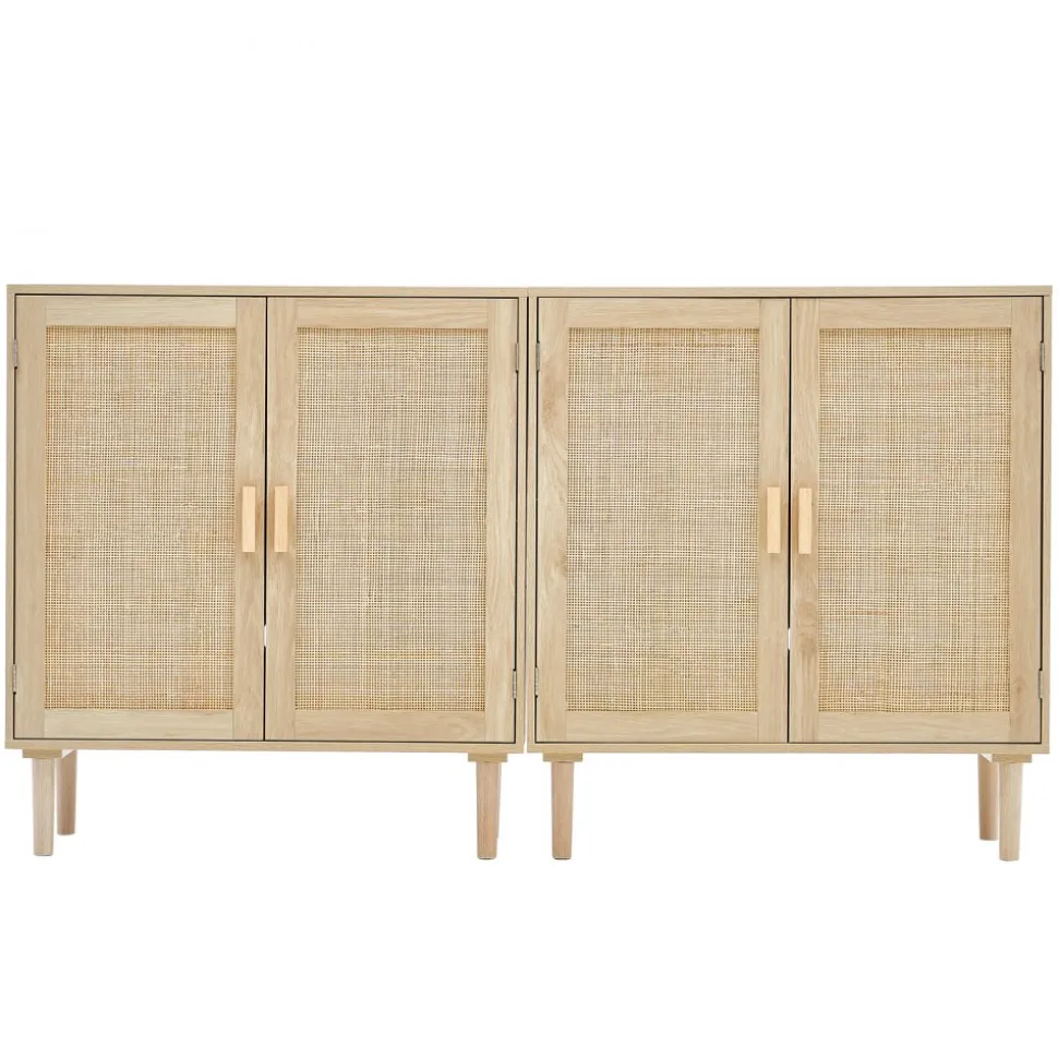 VEVOR Rattan Cabinet, Set of 2, Rattan Storage Cabinet with 4 Magnetic Doors and Adjustable Shelves, Sideboard Buffet Cabinet for Hallway, Entryway, Living Room, or Kitchen, Natural