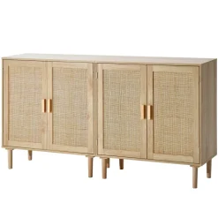 VEVOR Rattan Cabinet, Set of 2, Rattan Storage Cabinet with 4 Magnetic Doors and Adjustable Shelves, Sideboard Buffet Cabinet for Hallway, Entryway, Living Room, or Kitchen, Natural