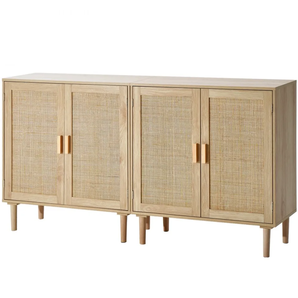 VEVOR Rattan Cabinet, Set of 2, Rattan Storage Cabinet with 4 Magnetic Doors and Adjustable Shelves, Sideboard Buffet Cabinet for Hallway, Entryway, Living Room, or Kitchen, Natural