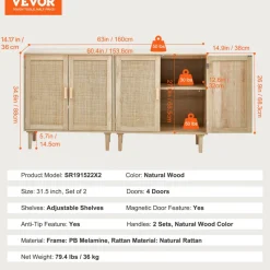 VEVOR Rattan Cabinet, Set of 2, Rattan Storage Cabinet with 4 Magnetic Doors and Adjustable Shelves, Sideboard Buffet Cabinet for Hallway, Entryway, Living Room, or Kitchen, Natural