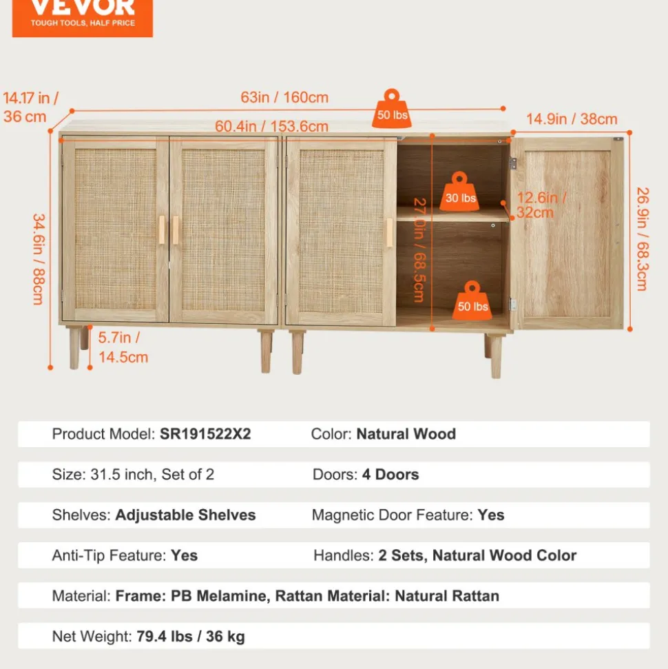 VEVOR Rattan Cabinet, Set of 2, Rattan Storage Cabinet with 4 Magnetic Doors and Adjustable Shelves, Sideboard Buffet Cabinet for Hallway, Entryway, Living Room, or Kitchen, Natural