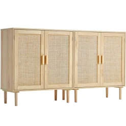 VEVOR Rattan Cabinet, Set of 2, Rattan Storage Cabinet with 4 Magnetic Doors and Adjustable Shelves, Sideboard Buffet Cabinet for Hallway, Entryway, Living Room, or Kitchen, Natural