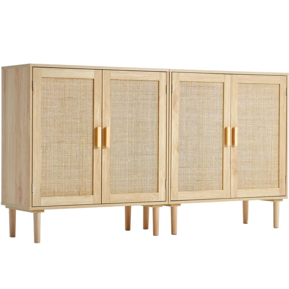 VEVOR Rattan Cabinet, Set of 2, Rattan Storage Cabinet with 4 Magnetic Doors and Adjustable Shelves, Sideboard Buffet Cabinet for Hallway, Entryway, Living Room, or Kitchen, Natural