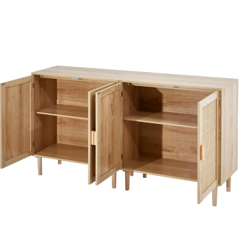VEVOR Rattan Cabinet, Set of 2, Rattan Storage Cabinet with 4 Magnetic Doors and Adjustable Shelves, Sideboard Buffet Cabinet for Hallway, Entryway, Living Room, or Kitchen, Natural