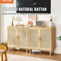VEVOR Rattan Cabinet, Set of 2, Rattan Storage Cabinet with 4 Magnetic Doors and Adjustable Shelves, Sideboard Buffet Cabinet for Hallway, Entryway, Living Room, or Kitchen, Natural