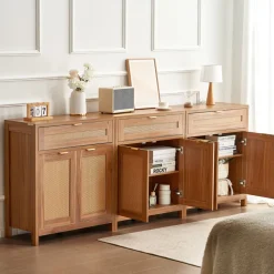 VEVOR Rattan Cabinet, Set of 3, Rattan Storage Cabinet with 6 Magnetic Doors and 3 Drawers, Sideboard Buffet Cabinet with Adjustable Shelves, for Hallway, Entryway, Living Room, or Kitchen, Natural