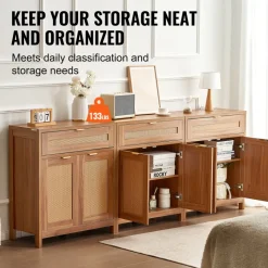 VEVOR Rattan Cabinet, Set of 3, Rattan Storage Cabinet with 6 Magnetic Doors and 3 Drawers, Sideboard Buffet Cabinet with Adjustable Shelves, for Hallway, Entryway, Living Room, or Kitchen, Natural