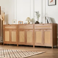 VEVOR Rattan Cabinet, Set of 3, Rattan Storage Cabinet with 6 Magnetic Doors and 3 Drawers, Sideboard Buffet Cabinet with Adjustable Shelves, for Hallway, Entryway, Living Room, or Kitchen, Natural