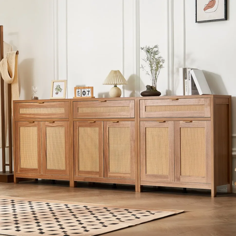 VEVOR Rattan Cabinet, Set of 3, Rattan Storage Cabinet with 6 Magnetic Doors and 3 Drawers, Sideboard Buffet Cabinet with Adjustable Shelves, for Hallway, Entryway, Living Room, or Kitchen, Natural