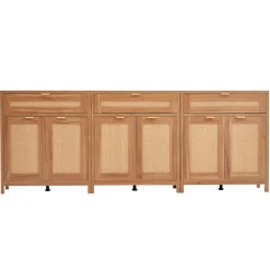VEVOR Rattan Cabinet, Set of 3, Rattan Storage Cabinet with 6 Magnetic Doors and 3 Drawers, Sideboard Buffet Cabinet with Adjustable Shelves, for Hallway, Entryway, Living Room, or Kitchen, Natural