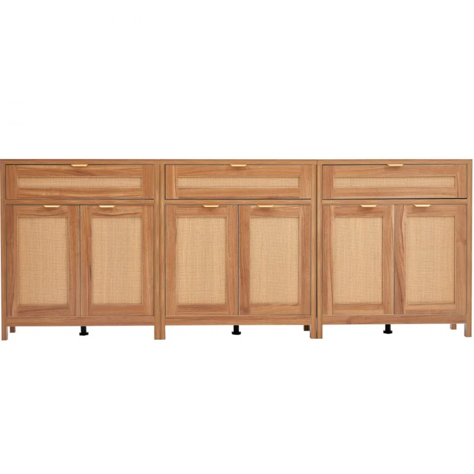 VEVOR Rattan Cabinet, Set of 3, Rattan Storage Cabinet with 6 Magnetic Doors and 3 Drawers, Sideboard Buffet Cabinet with Adjustable Shelves, for Hallway, Entryway, Living Room, or Kitchen, Natural