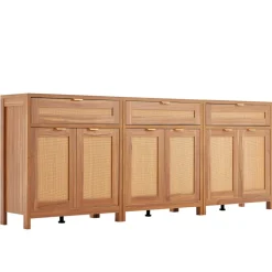 VEVOR Rattan Cabinet, Set of 3, Rattan Storage Cabinet with 6 Magnetic Doors and 3 Drawers, Sideboard Buffet Cabinet with Adjustable Shelves, for Hallway, Entryway, Living Room, or Kitchen, Natural