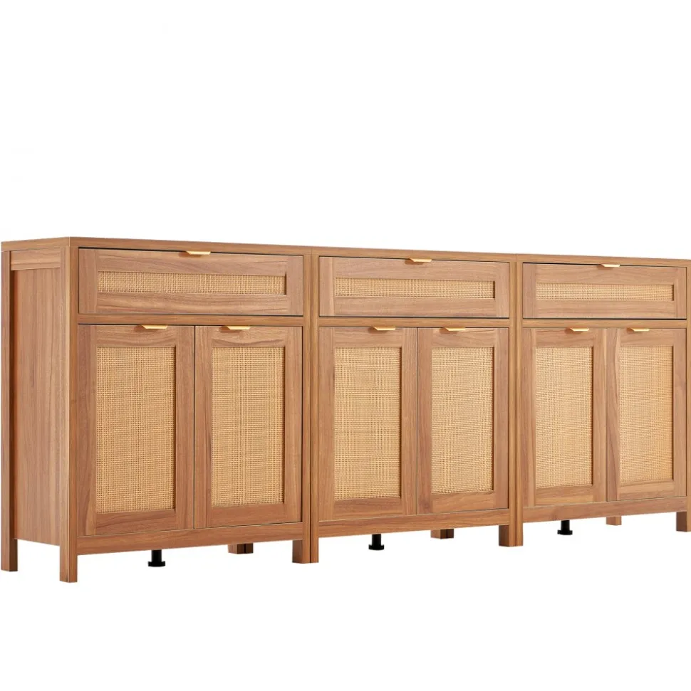 VEVOR Rattan Cabinet, Set of 3, Rattan Storage Cabinet with 6 Magnetic Doors and 3 Drawers, Sideboard Buffet Cabinet with Adjustable Shelves, for Hallway, Entryway, Living Room, or Kitchen, Natural
