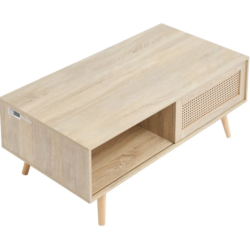VEVOR Rattan Coffee Table, Mid Century Modern Coffee Table, Rectangle Wood Coffee Table, 42 Inch Modern Boho Style Two Layers Storage Coffee Table, for Living Room, Bedroom & Small Spaces