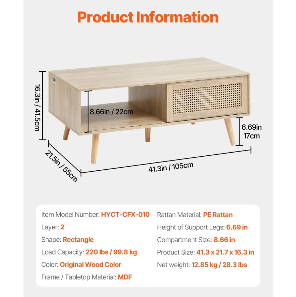 VEVOR Rattan Coffee Table, Mid Century Modern Coffee Table, Rectangle Wood Coffee Table, 42 Inch Modern Boho Style Two Layers Storage Coffee Table, for Living Room, Bedroom & Small Spaces