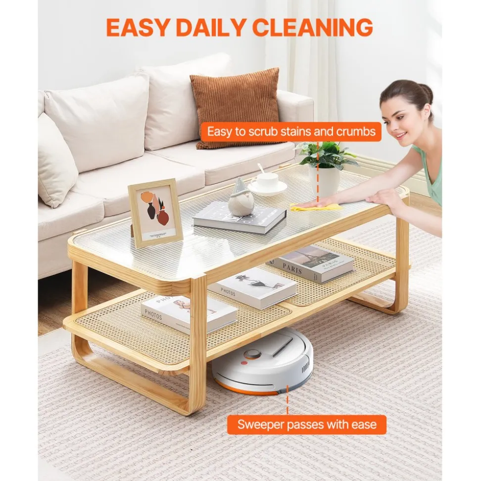 VEVOR Rattan Coffee Table, Rectangle Rattan Woven Wood Coffee Table with Tempered Glass Top, 45-Inch Modern Boho Storage Coffee Table with Natural Wood Legs, for Living Room, Bedroom & Small Spaces